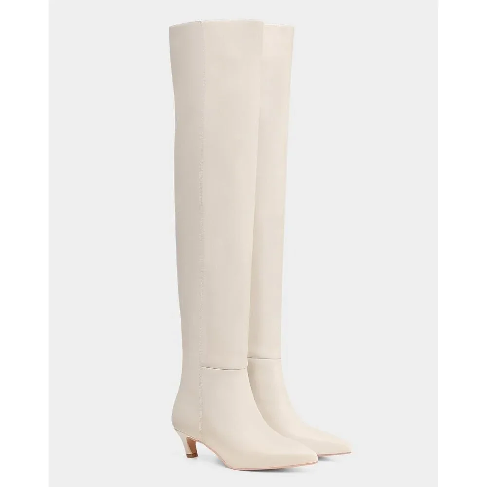 Women White Polyurethane Over the Knee Square Toe Block Heel Long Zipper Boots